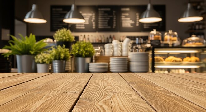 Empty wooden table surface in a cafe or coffee shop with blurred background showing counter, lights, plants, and pastry display. Perfect for product placement or food presentation mockups.