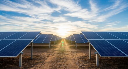 Solar panels arranged in rows on open ground under a bright sky with clouds. Perfect for clean energy, sustainability, and renewable power projects. Great for environmental campaigns.