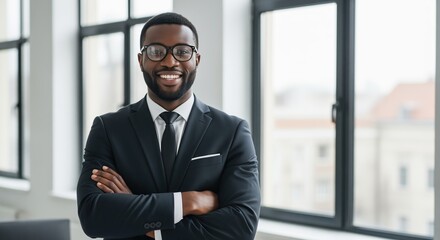 Fototapeta premium A smiling man in a dark suit and glasses stands with crossed arms in a bright office space. Large windows frame the background. Perfect for corporate, career, or success themes.