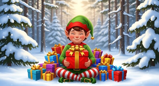 A cheerful christmas elf sits surrounded by many wrapped presents in a snowy winter forest during the holidays