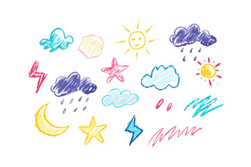 Hand drawn crayon weather icons on white background