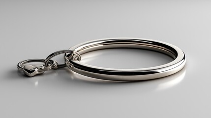 Metal keyring with two rings lies on a gray surface casting soft shadow