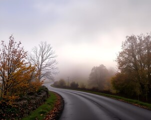 Fototapeta premium Autumnal Mist-Shrouded Road Through Tranquil, Rolling Hills