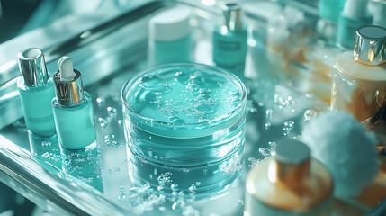 A skincare routine focused on preventing imperfections is displayed on a silver tray, with serum bottles and moisturizer. The beauty products promise a youthful, healthy complexion and well-being.