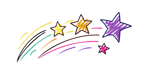 Hand drawn colorful shooting stars with trails streak