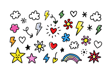 Hand drawn colorful icons with bold outlines on white background