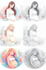 Vector set and shades of gray pregnant women on a white background