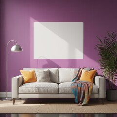 White sofa with patterned throw and orange pillows in a room with purple walls