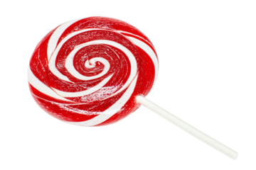Red and white swirl lollipop candy on a stick, isolated on transparent background