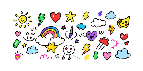 Hand drawn colorful doodle icons with transparent background