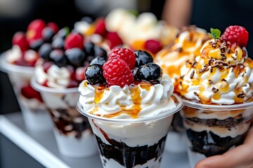 Delicious layered dessert parfaits with whipped cream, fresh berries, chocolate, and caramel sauce served in transparent cups for a sweet treat.