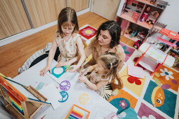 A mother and two daughters enjoying a creative crafting activity at a home table. The family is engaged, bonding during the art project in a warm and colorful domestic environment.
