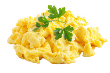 Fluffy scrambled eggs with fresh parsley garnish, isolated on transparent background
