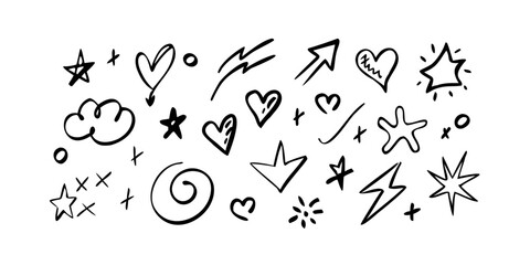 Hand drawn black doodle of a simple heart with a small dot