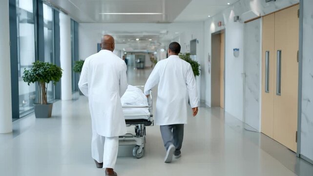 doctors and nurses quickly transfer patient along brightly lit hallway, team of healthcare professionals efficiently guide patient to care room through illuminated hospital passage