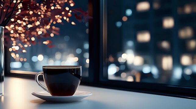 Cup of coffee on windowsill with city lights bokeh background and decorative branch with warm fairy lights creating cozy evening atmosphere.