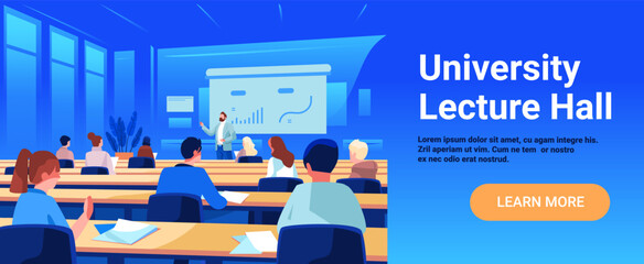 University lecture hall classroom education students listening teacher presentation modern interior blue color scheme website banner