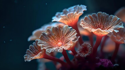 Glowing coral mushrooms in deep sea environment with bioluminescent orange centers against dark blue background.