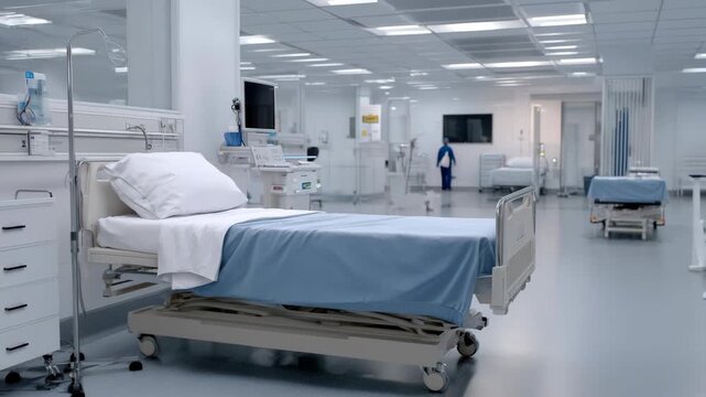 sterile hospital scene, bright ward prepared for incoming patient, unoccupied hospital bed with monitoring devices nearby, pristine hospital environment awaiting new patient admission