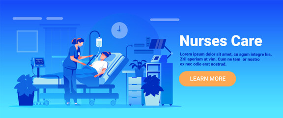 Nurses care hospital patient healthcare medical staff nurse assists man in bed IV monitor plants modern clinic interior blue background website banner