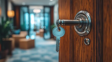 Open door with key in lock, leading to blurred room