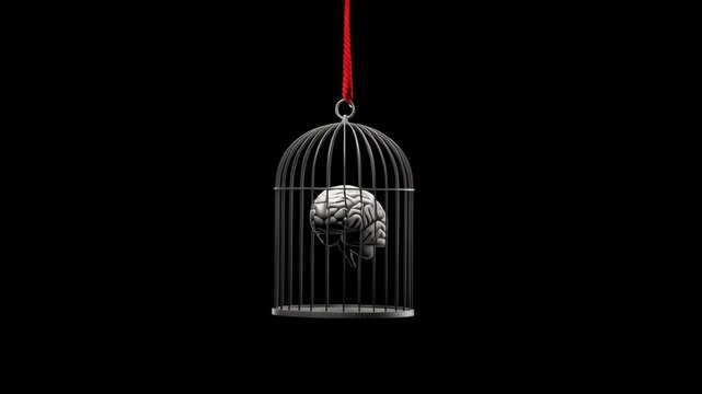 Brain cage concept showing human brain locked metal birdcage hanging red rope symbolizing mental confinement and restricted