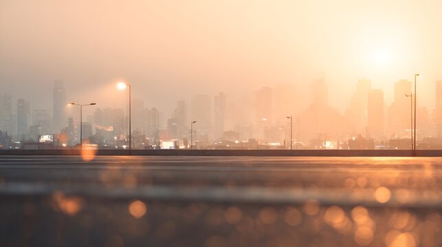 City skyline at sunset with warm light illuminating buildings and streetlights.