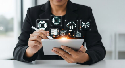 Business professional leveraging cutting-edge digital technology, cloud services, and data processing solutions on a tablet, symbolizing innovation and connectivity in modern enterprise systems.