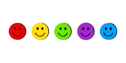 Five hand drawn smiley faces in rainbow colors happy