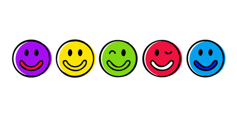 Five hand drawn smiley faces in a row happy emotion