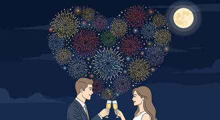 Couple toasting under heart shaped fireworks with moon in the night sky