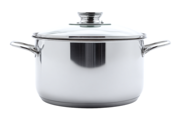 Stainless steel cooking pot with glass lid, isolated on transparent background