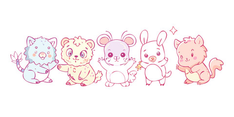 Five cute cartoon baby animals in pastel colors pink