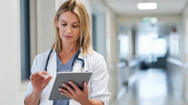 doctor updates prescription, healthcare worker modifies electronic prescription quietly in corridor, physician carefully changes digital prescription on tablet within hospital hallway