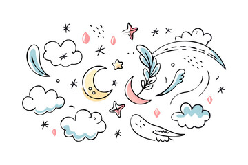 Dreamy night sky doodles with moons and stars crescent moon