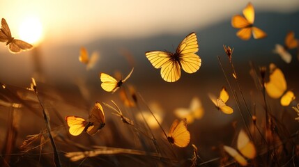 A collection of yellow butterflies fluttering above a golden meadow, with the warm sun setting in the background.