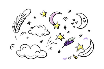 Dreamy night sky doodle with moons and stars clouds