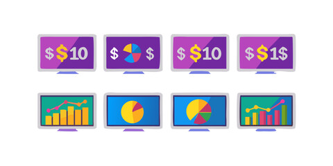 Eight colorful computer screens displaying financial charts and dollar amounts