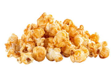 Pile of delicious caramel popcorn, sweet snack, isolated on transparent background