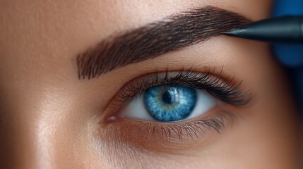 Obraz premium A woman with blue eyes is getting her eyebrows waxed. Concept of relaxation and self-care, as the woman is taking the time to groom her eyebrows. The blue eyes add a touch of color