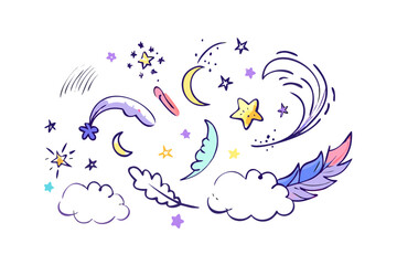 Dreamy night sky doodles with moons and stars cloud