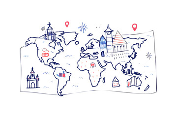 Doodle world map with cute landmarks and pin markers