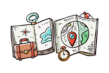 Doodle style travel map suitcase and compass vector