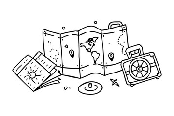 Doodle Style Travel Icons Compass Suitcase Map Pin