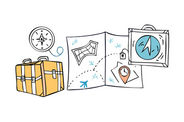 Doodle style travel icons suitcase map compass and pin