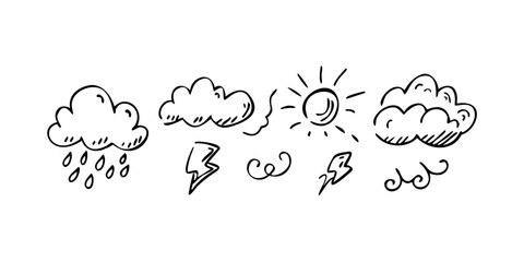 Doodle style sun clouds and rain icons weather