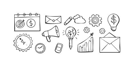 Doodle style office elements black vector set