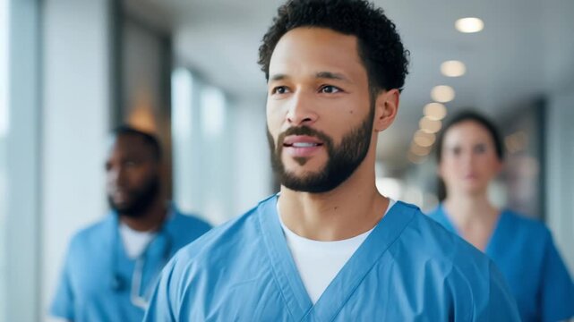 male nurse of color directs multidisciplinary team confidently in corridor, natural light highlights confident black male nurse leading varied clinical professionals in hospital setting