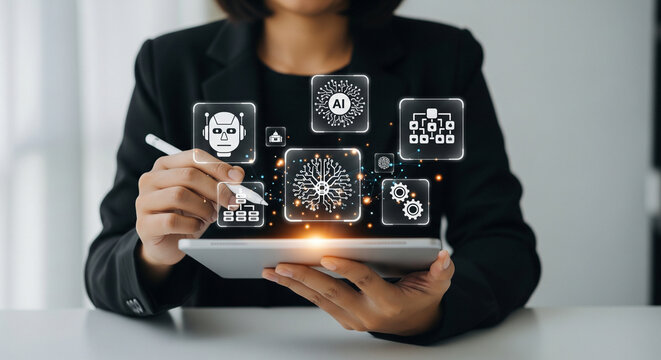 Business professional interacting with a tablet, engaging with augmented reality icons representing ai, machine learning, and data management for future innovation.