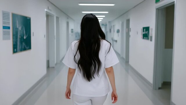 junior nursing intern moving through hospital during supervision hours, aspiring healthcare professional walking hospital hallways gaining practical experience and mentorship